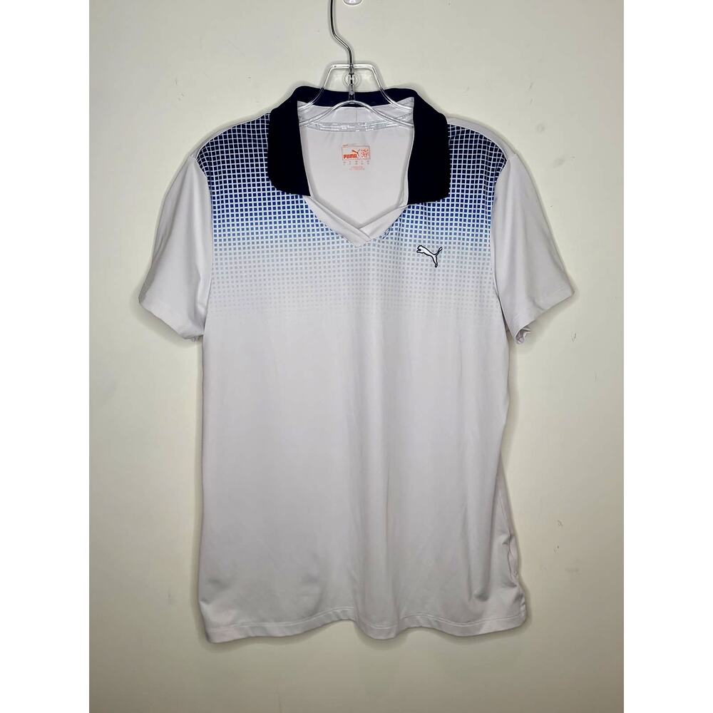 Puma white v-neck short sleeve polo shirt with blue accents - large